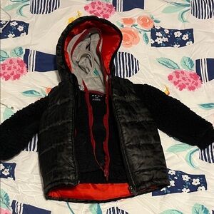 DKNY Black and Red Hooded Puffer Jacket